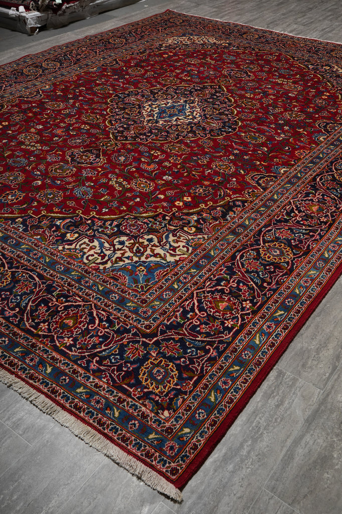 10 x 13 Persian Hand-Knotted Kashan Rug Red Blue Traditional #F-3116