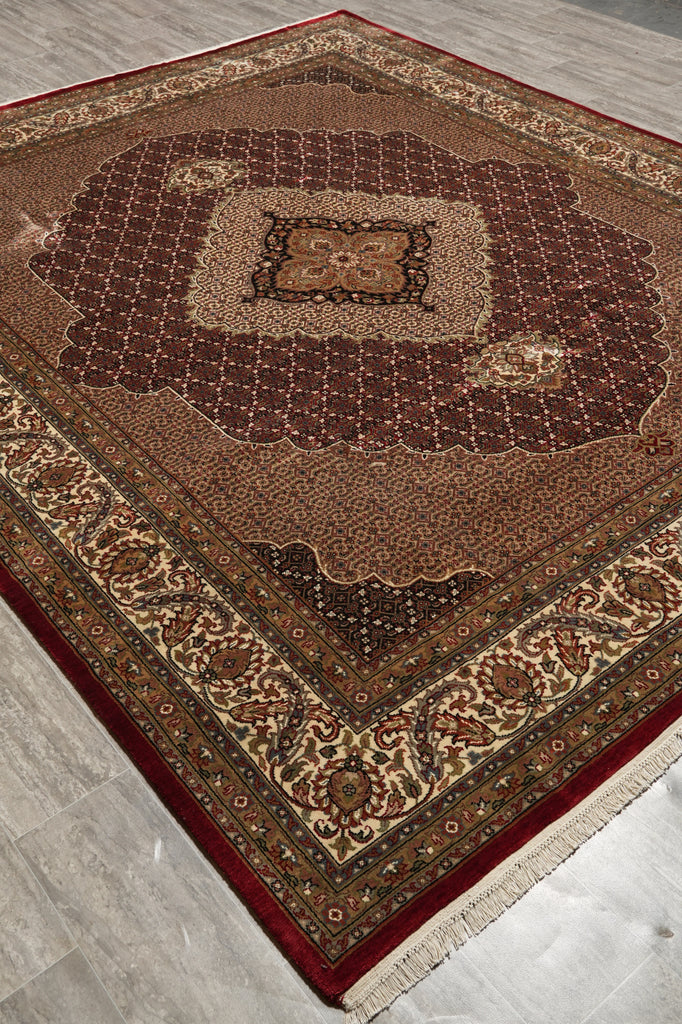 8.2 x 10 High Quality Wool and Silk Dense and Lustrous Handmade Tabriz Mahi Rug Ruby Burgundy #F-4465