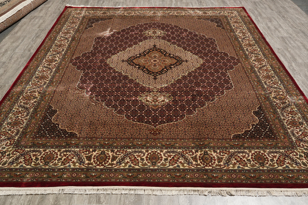 8.2 x 10 High Quality Wool and Silk Dense and Lustrous Handmade Tabriz Mahi Rug Ruby Burgundy #F-4465