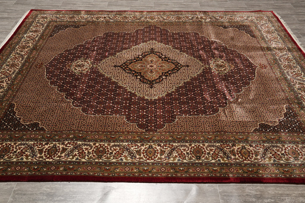 8.2 x 10 High Quality Wool and Silk Dense and Lustrous Handmade Tabriz Mahi Rug Ruby Burgundy #F-4465