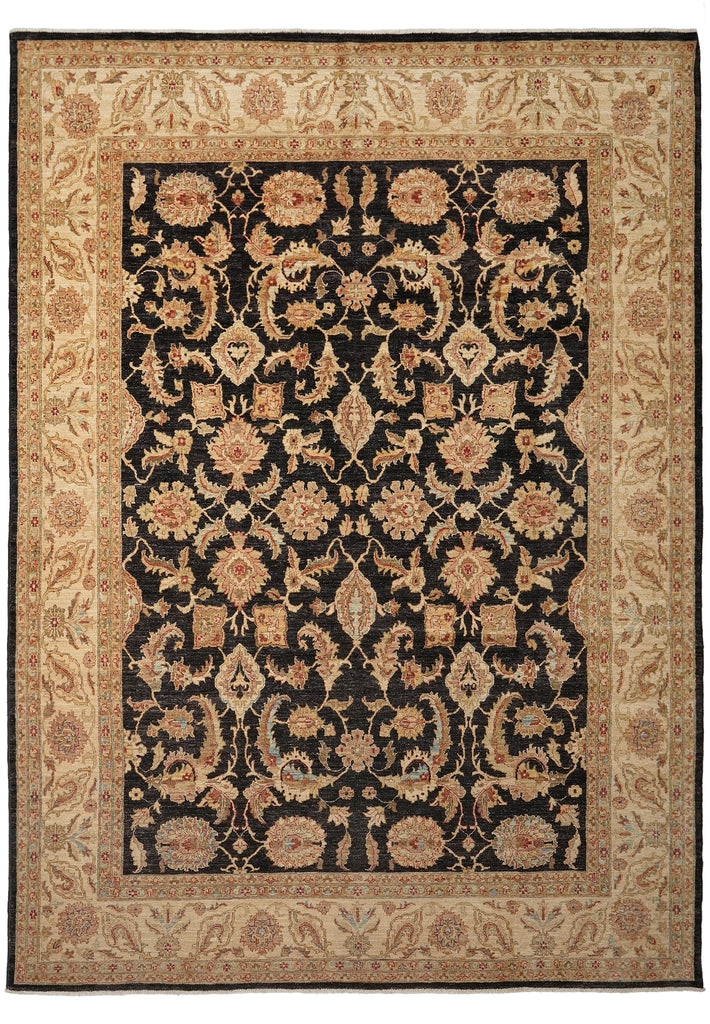9 x 12.5 Black Chobi Peshawar Quality Wool Rug