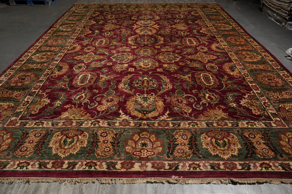12 x 18 Quality Hand-knotted Jaipour Rug Burgandy Green Traditional Area Carpet  #F-3119