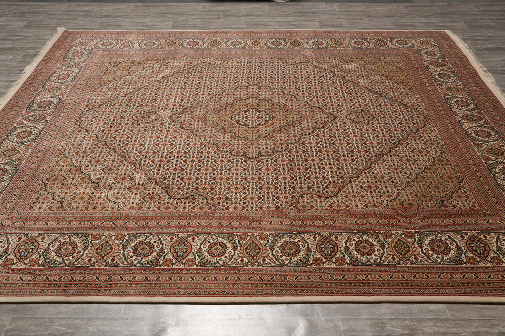 8.4 x 10.1 Earthy Colors High Quality Wool and Silk Handmade Rug Tabriz Mahi Beige #F-4471