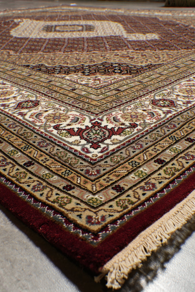 8 x 10 High Quality Soft Wool and Silk Handmade Rug Mahi Tabriz Herati Ruby Red #F-4472
