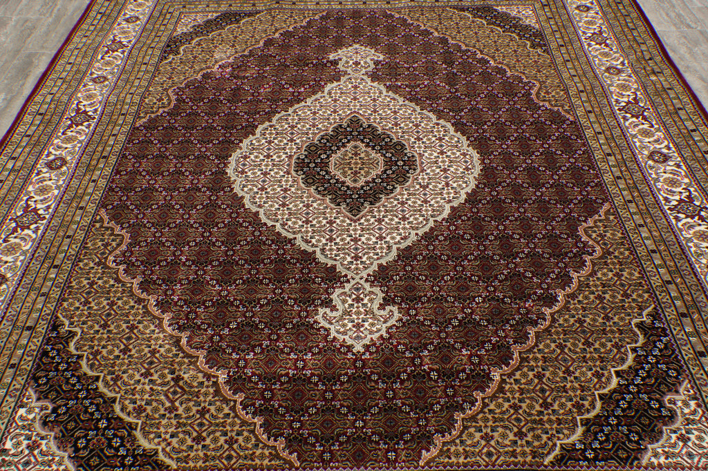 8 x 10 High Quality Soft Wool and Silk Handmade Rug Mahi Tabriz Herati Ruby Red #F-4472