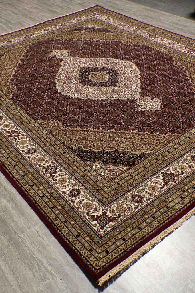 8 x 10 High Quality Soft Wool and Silk Handmade Rug Mahi Tabriz Herati Ruby Red #F-4472