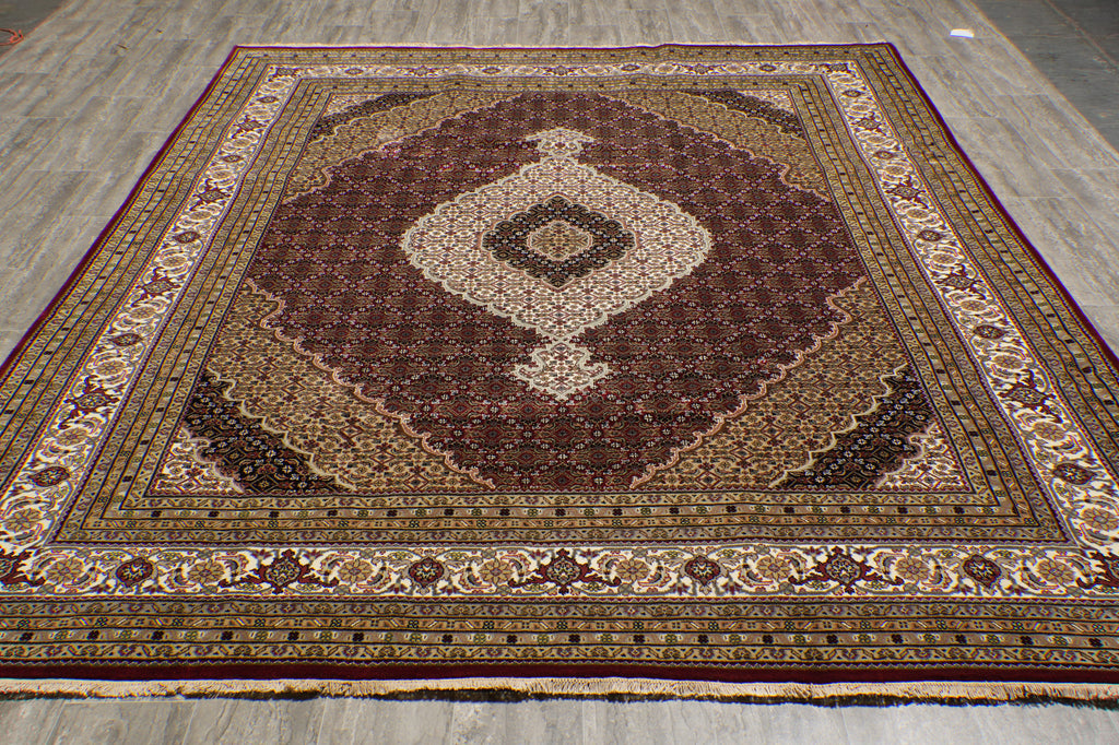 8 x 10 High Quality Soft Wool and Silk Handmade Rug Mahi Tabriz Herati Ruby Red #F-4472