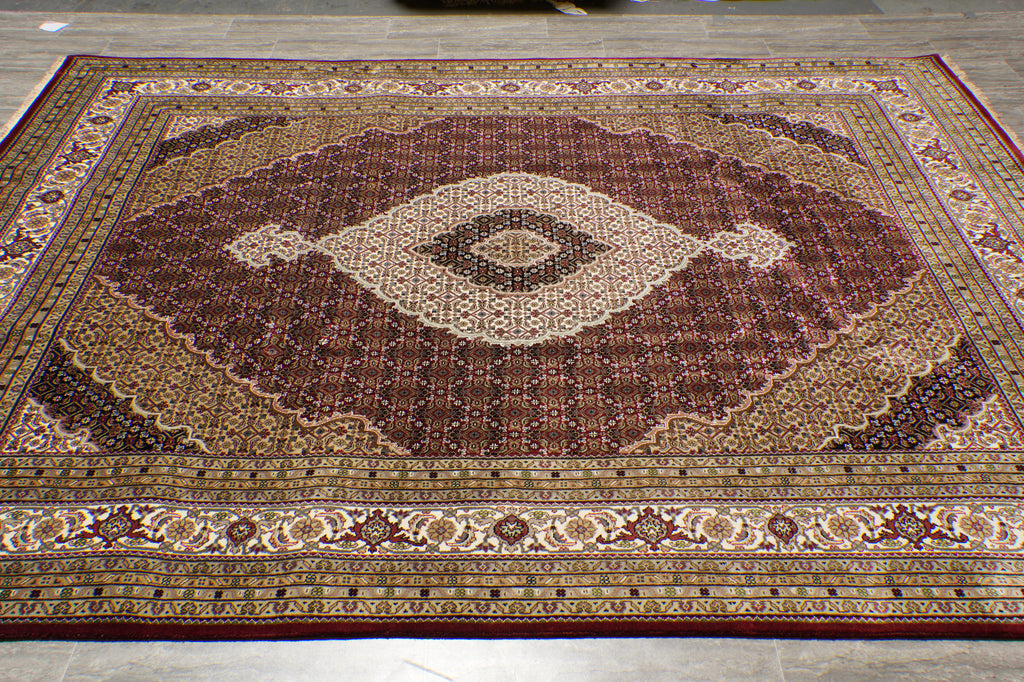 8 x 10 High Quality Soft Wool and Silk Handmade Rug Mahi Tabriz Herati Ruby Red #F-4472