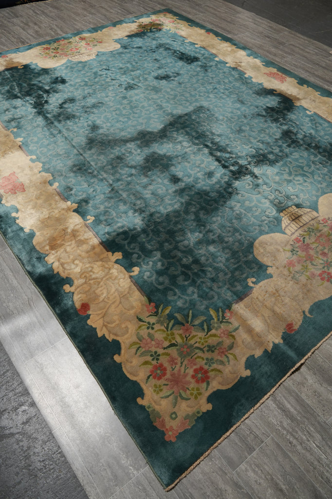 8.9 x 11 Old Chinese Art Deco Rug Green #PIX-25739