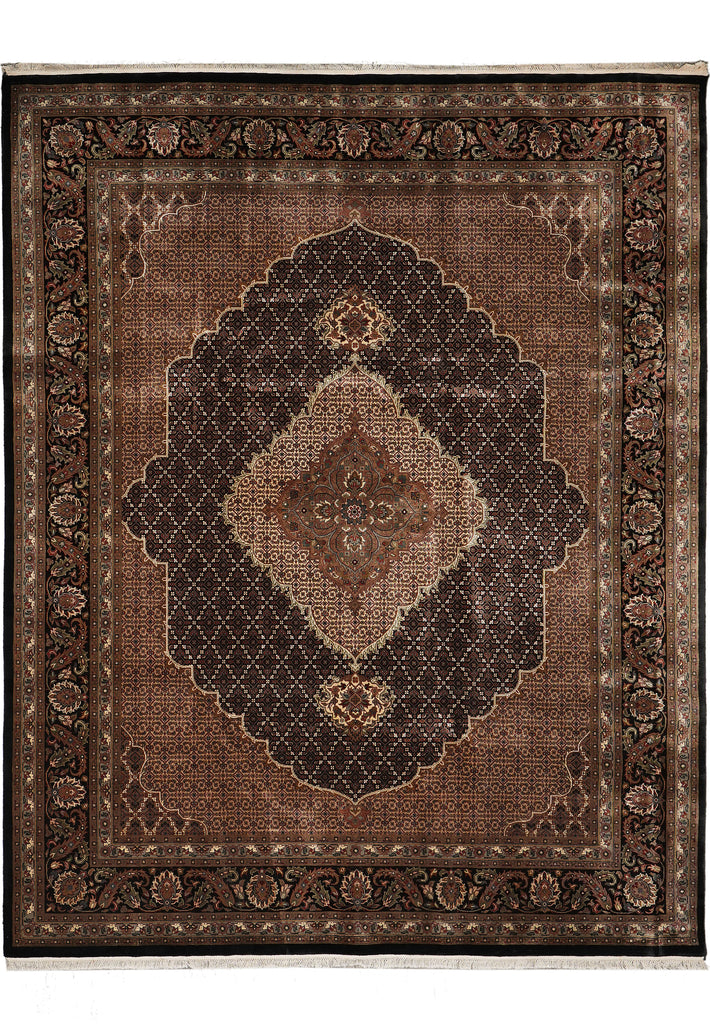 8.2 x 10.2 Earthy Black High Quality Wool and Silk Tabriz Mahi Handmade Carpet #F-4478