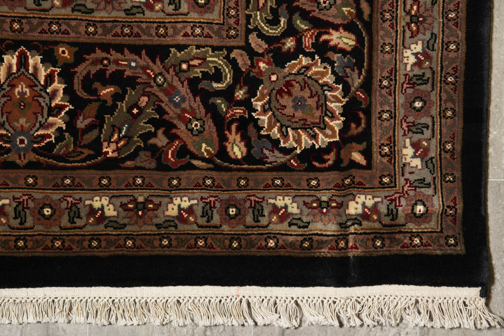 8.2 x 10.2 Earthy Black High Quality Wool and Silk Tabriz Mahi Handmade Carpet #F-4478