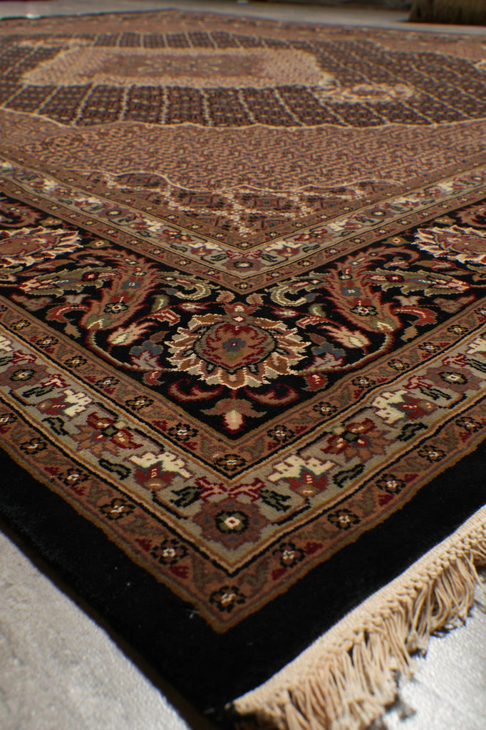 8.2 x 10.2 Earthy Black High Quality Wool and Silk Tabriz Mahi Handmade Carpet #F-4478