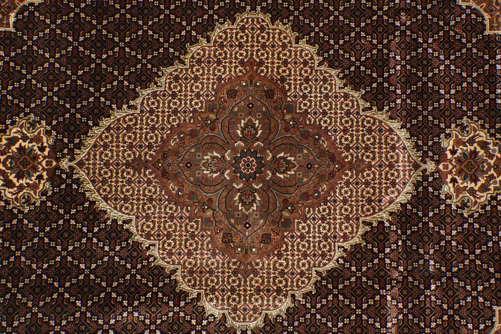 8.2 x 10.2 Earthy Black High Quality Wool and Silk Tabriz Mahi Handmade Carpet #F-4478