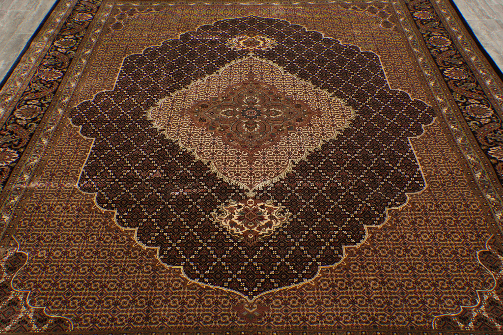 8.2 x 10.2 Earthy Black High Quality Wool and Silk Tabriz Mahi Handmade Carpet #F-4478