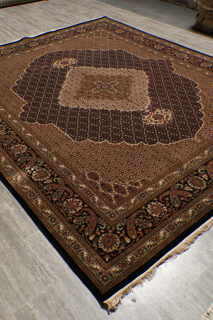 8.2 x 10.2 Earthy Black High Quality Wool and Silk Tabriz Mahi Handmade Carpet #F-4478