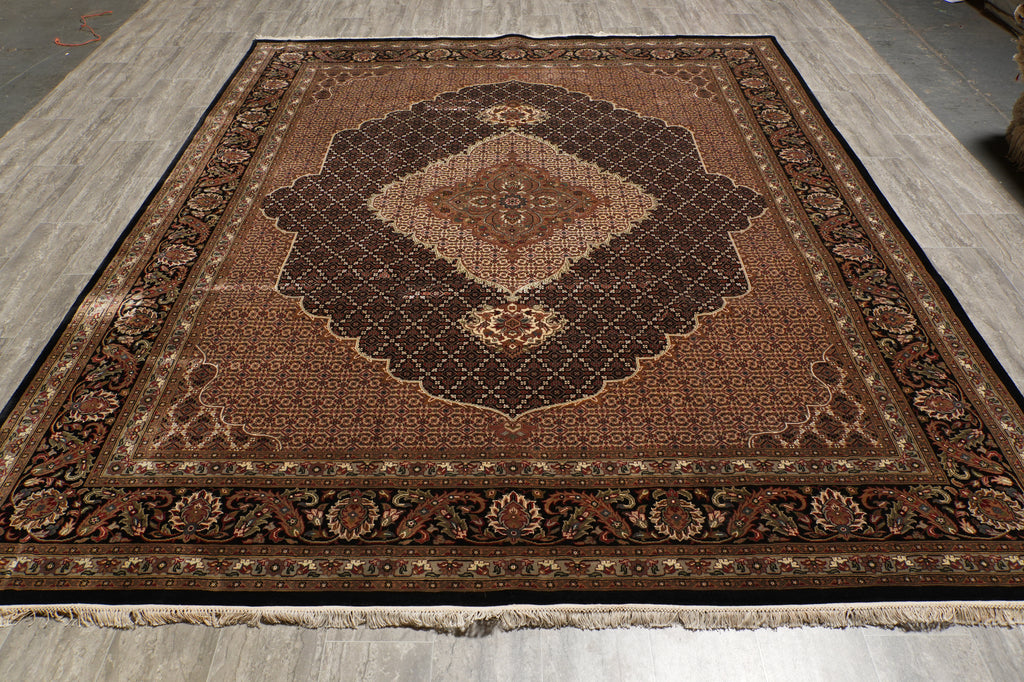 8.2 x 10.2 Earthy Black High Quality Wool and Silk Tabriz Mahi Handmade Carpet #F-4478