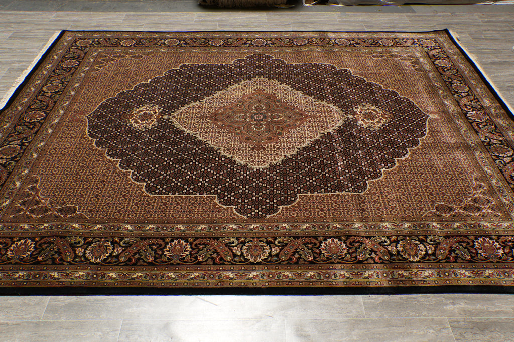 8.2 x 10.2 Earthy Black High Quality Wool and Silk Tabriz Mahi Handmade Carpet #F-4478