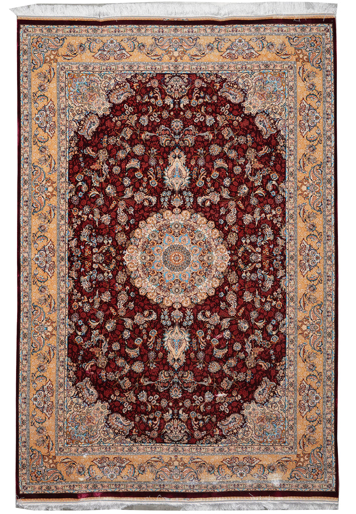 6.6 x 10 Burgundy Bamboo Silk Turkish Rug Elegant