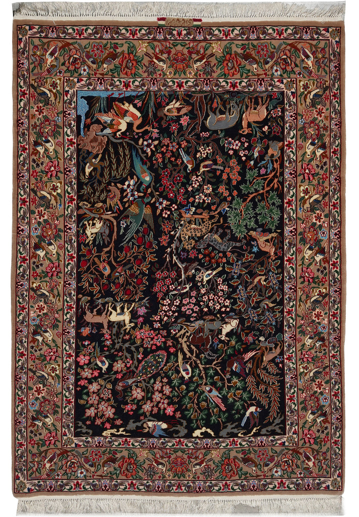 3.8 x 5.3 Signed Fine Persian Esfahan Rug Wool and Silk on Silk 500 KPSI Paradise Animals #F-3364