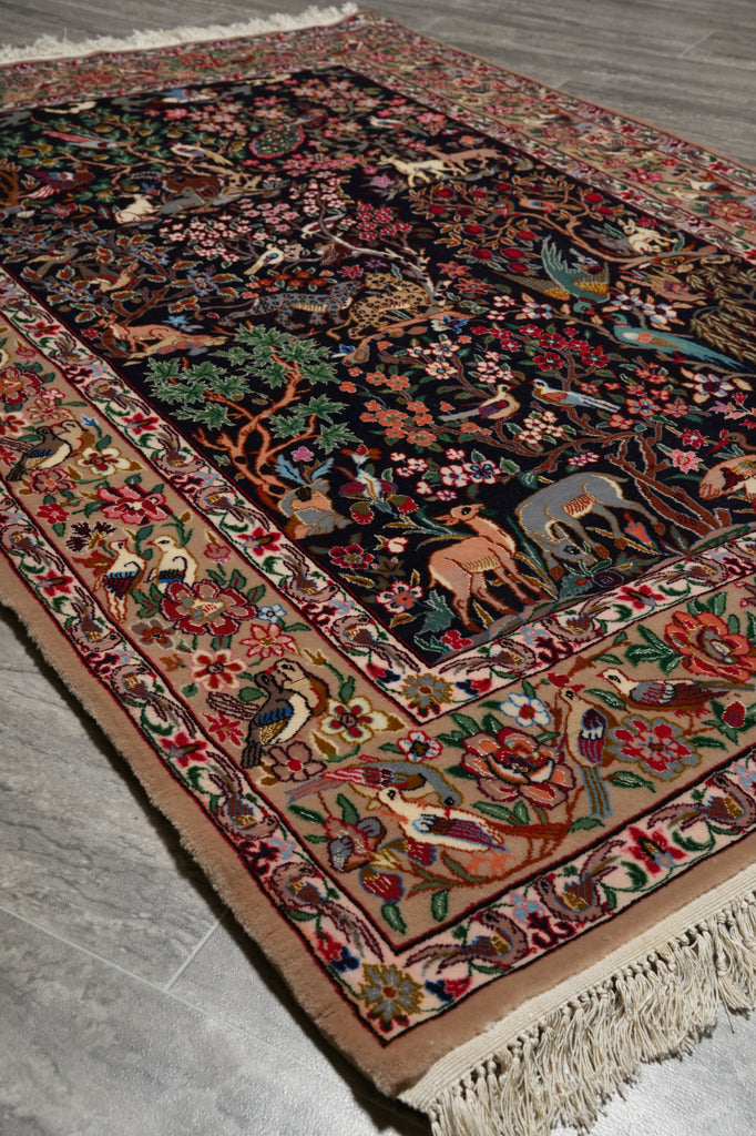 3.8 x 5.3 Signed Fine Persian Esfahan Rug Wool and Silk on Silk 500 KPSI Paradise Animals #F-3364