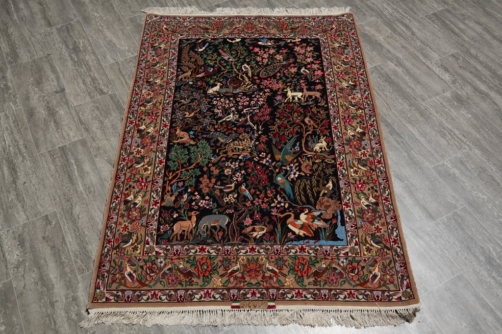 3.8 x 5.3 Signed Fine Persian Esfahan Rug Wool and Silk on Silk 500 KPSI Paradise Animals #F-3364