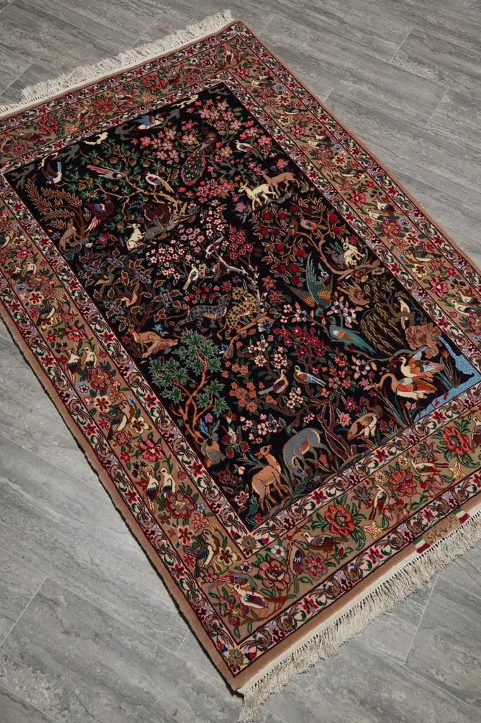 3.8 x 5.3 Signed Fine Persian Esfahan Rug Wool and Silk on Silk 500 KPSI Paradise Animals #F-3364