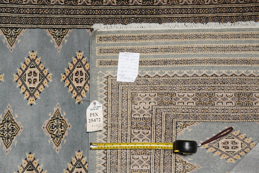 4 x 6 Hand-Knotted Jaldar Diamond Bokhara Rug Light Gray Blue #PIX-25472