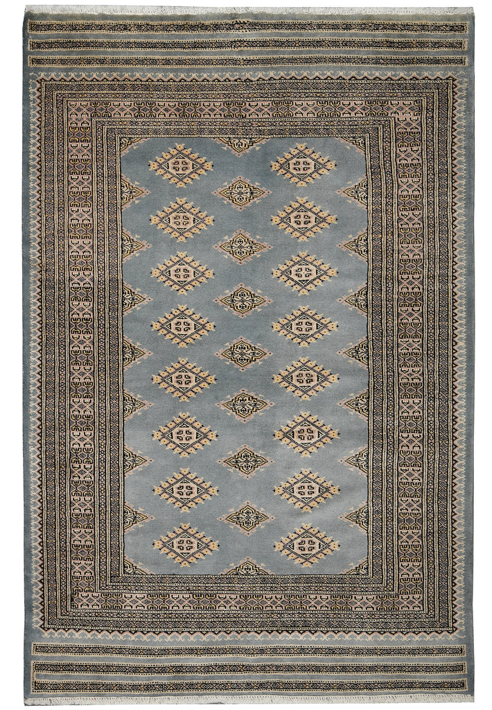 4 x 6 Hand-Knotted Jaldar Diamond Bokhara Rug Light Gray Blue #PIX-25472