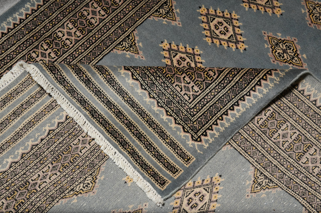 4 x 6 Hand-Knotted Jaldar Diamond Bokhara Rug Light Gray Blue #PIX-25472