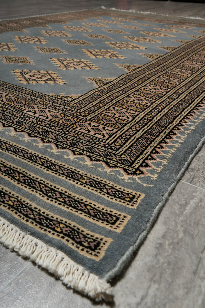 4 x 6 Hand-Knotted Jaldar Diamond Bokhara Rug Light Gray Blue #PIX-25472