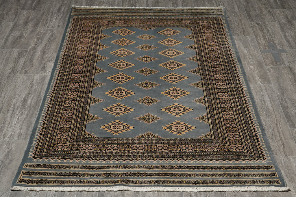 4 x 6 Hand-Knotted Jaldar Diamond Bokhara Rug Light Gray Blue #PIX-25472