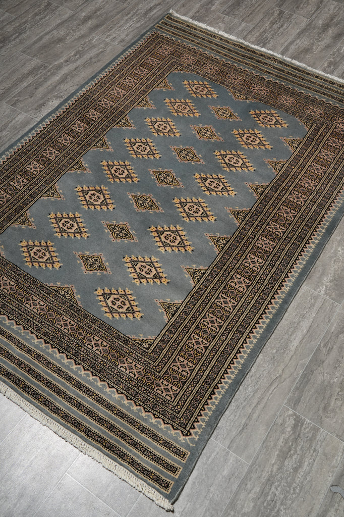 4 x 6 Hand-Knotted Jaldar Diamond Bokhara Rug Light Gray Blue #PIX-25472
