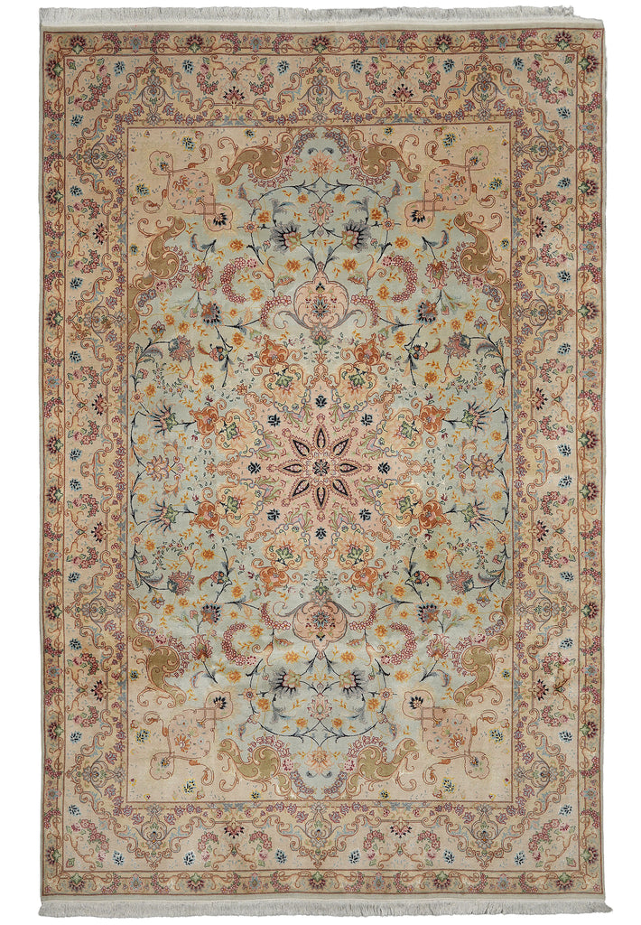 6 x 10 Blue Fine Persian Tabriz Rug Wool and Silk