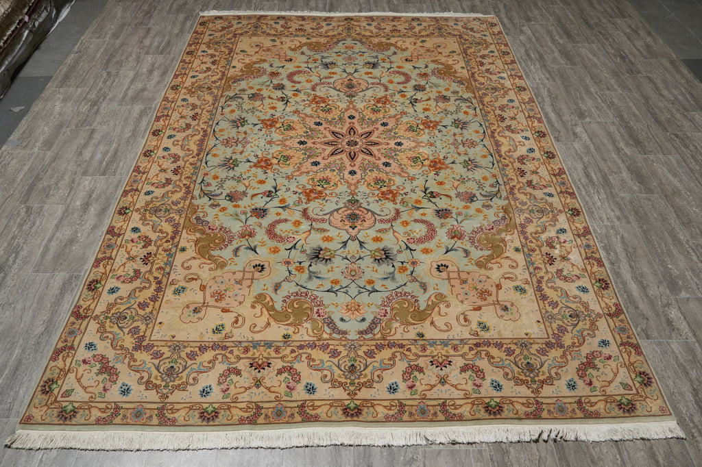 6 x 10 Blue Fine Persian Tabriz Rug Wool and Silk - view 3