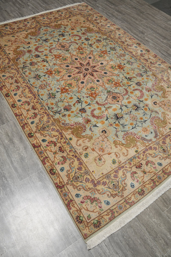 6 x 10 Blue Fine Persian Tabriz Rug Wool and Silk - view 5
