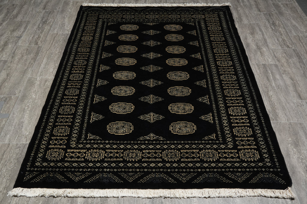 4.8 x 6.6 Black Hand-Knotted Quality Wool Bokhara Rug #F-3128