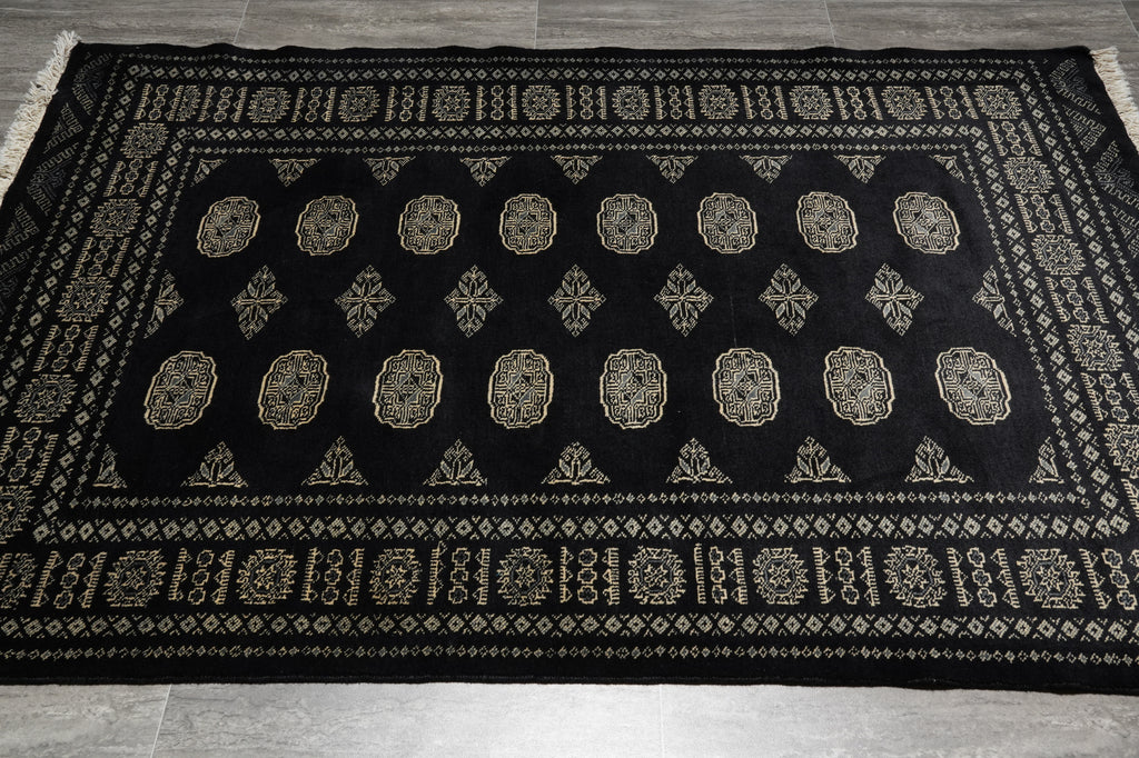 4.8 x 6.6 Black Hand-Knotted Quality Wool Bokhara Rug #F-3128