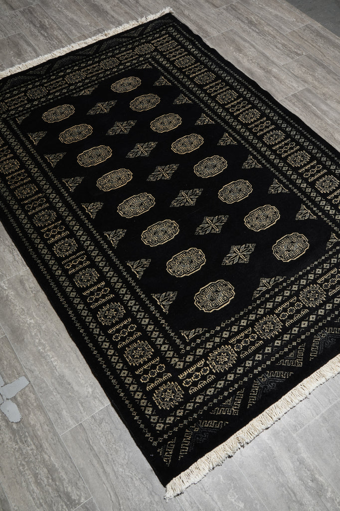 4.8 x 6.6 Black Hand-Knotted Quality Wool Bokhara Rug #F-3128