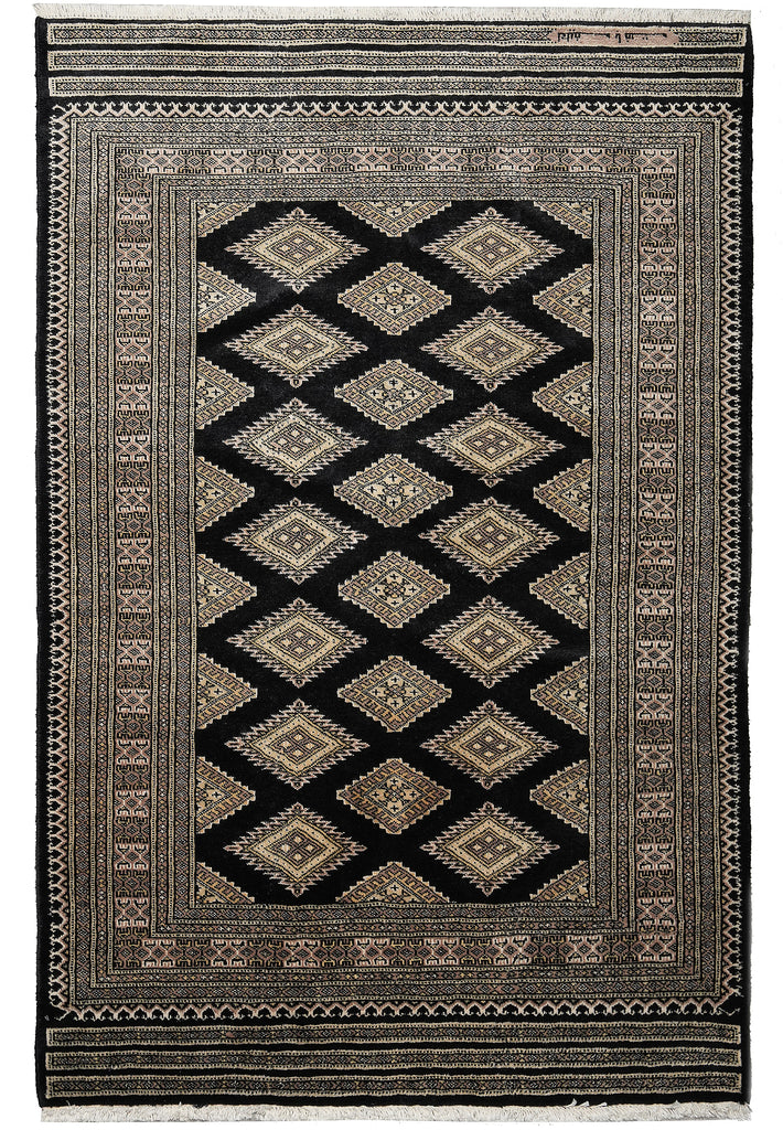 4 X 6 Black Wool and Silk Touch Jaldar Bokhara Rug Geometric #B-75632