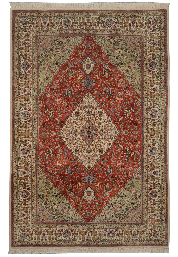 6.9 x 10 Authentic Persian Tabriz Tabataba Rug Hunting Deer's Birds