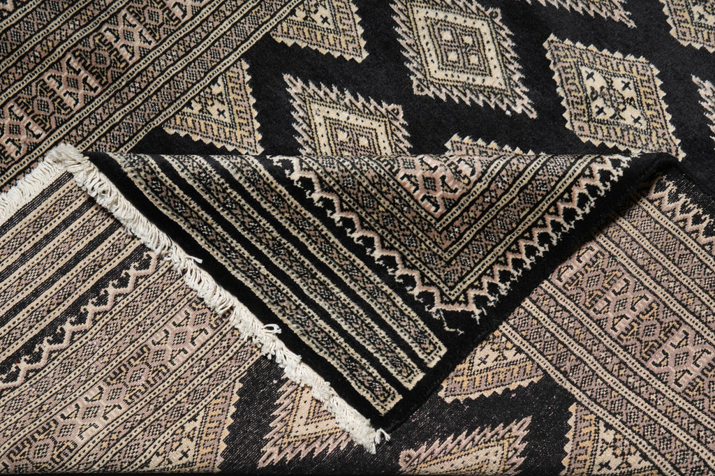 4 X 6 Black Wool and Silk Touch Jaldar Bokhara Rug Geometric #B-75632