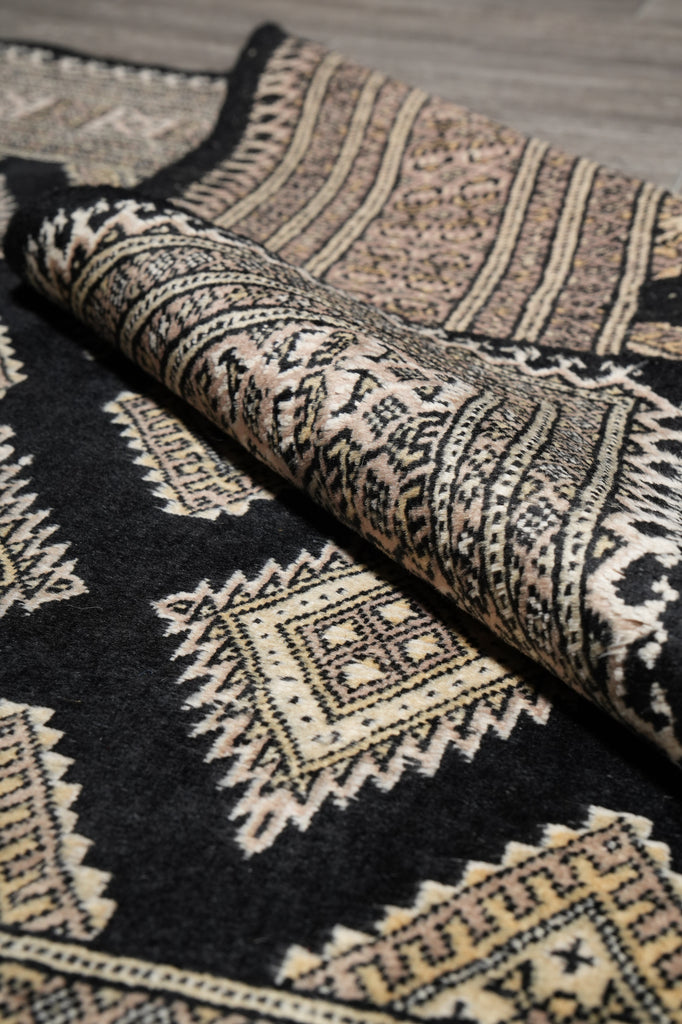 4 X 6 Black Wool and Silk Touch Jaldar Bokhara Rug Geometric #B-75632