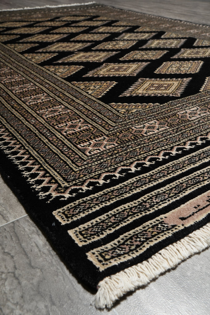 4 X 6 Black Wool and Silk Touch Jaldar Bokhara Rug Geometric #B-75632