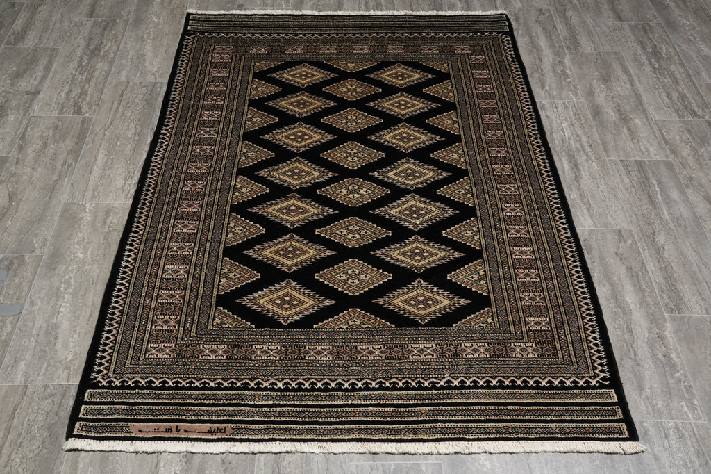 4 X 6 Black Wool and Silk Touch Jaldar Bokhara Rug Geometric #B-75632