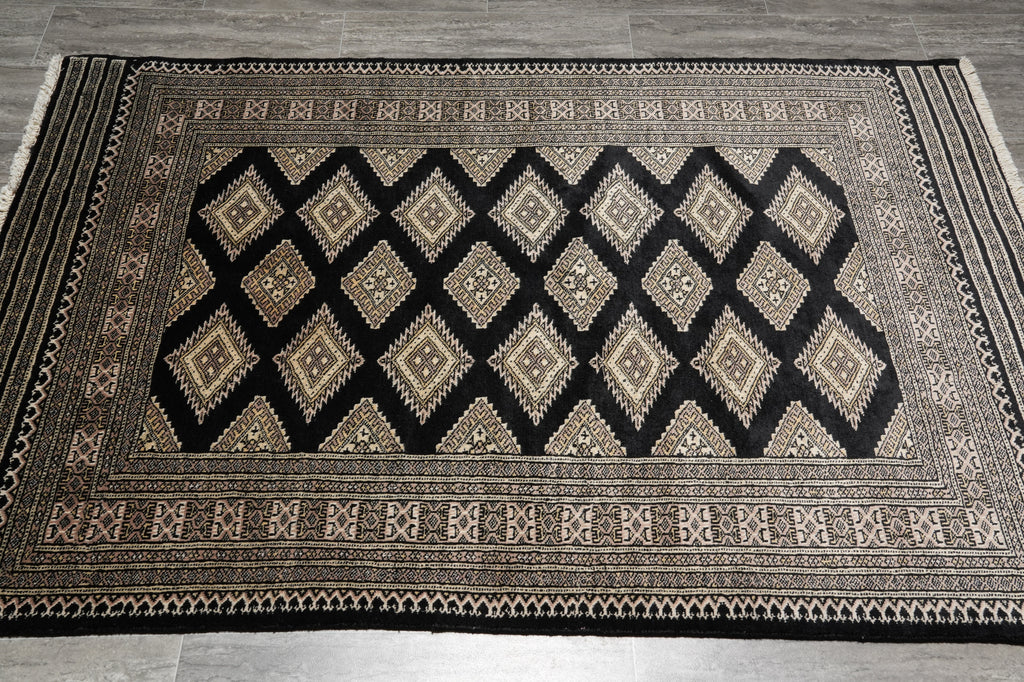 4 X 6 Black Wool and Silk Touch Jaldar Bokhara Rug Geometric #B-75632
