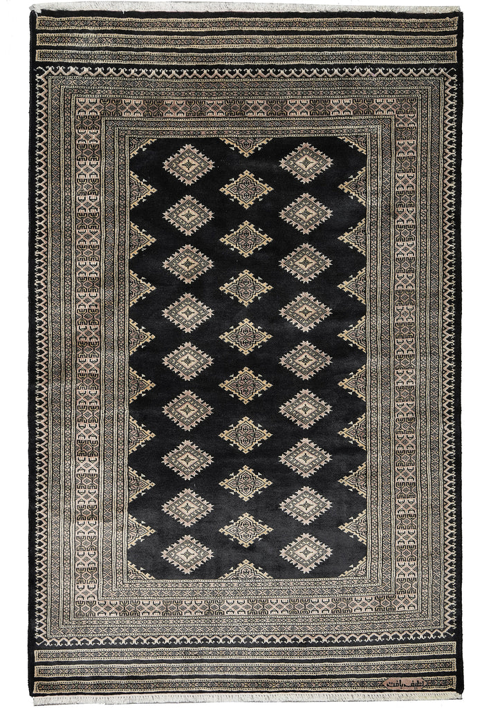 4 x 6 Black Hand-Knotted Imported Bokhara Jaldar Rug Wool Silk Touch #B-75621