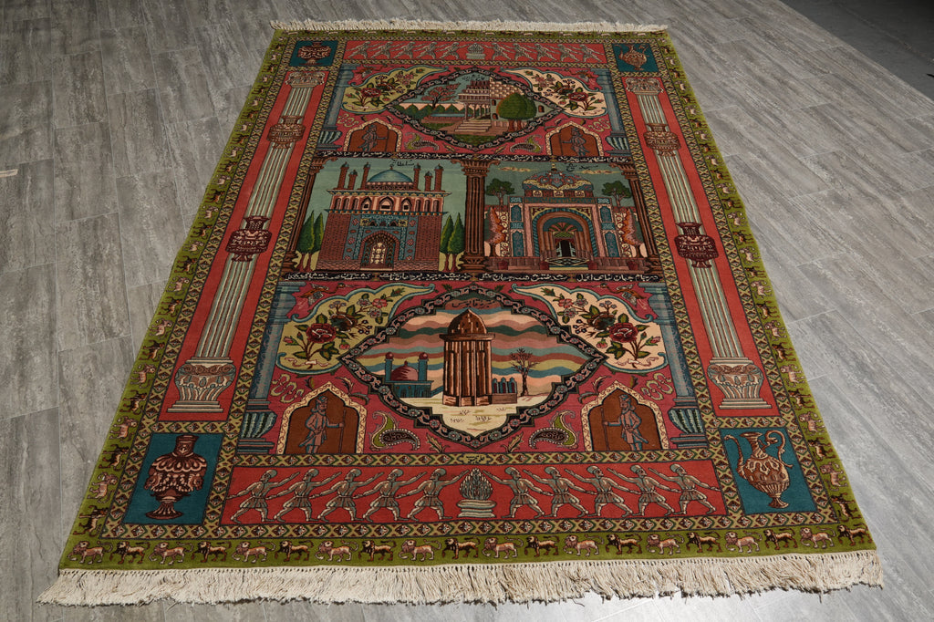 6 x 8.9 Super Fine Pictorial Persian Tabriz Rug Wool and Silk 70 Raj - view 3