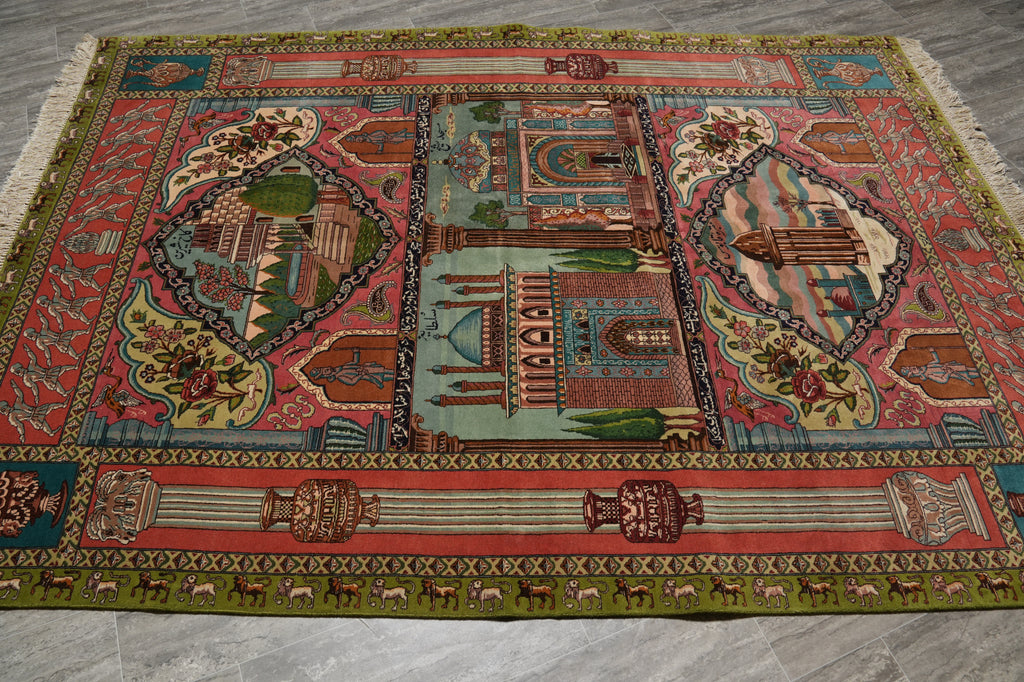 6 x 8.9 Super Fine Pictorial Persian Tabriz Rug Wool and Silk 70 Raj - view 5