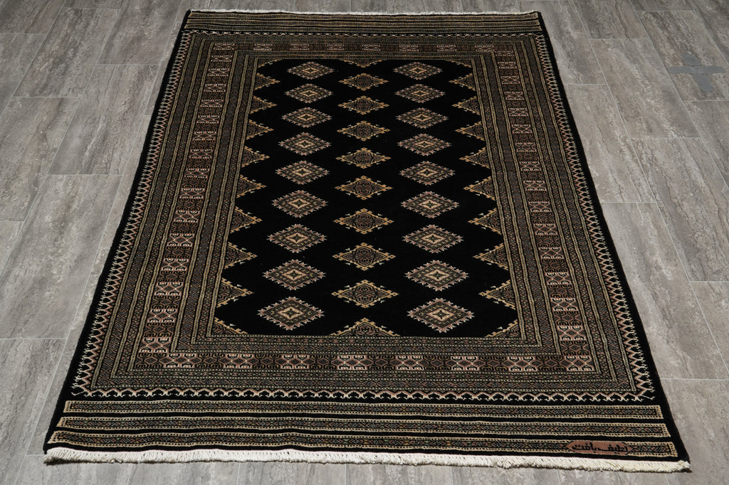 4 x 6 Black Hand-Knotted Imported Bokhara Jaldar Rug Wool Silk Touch #B-75621