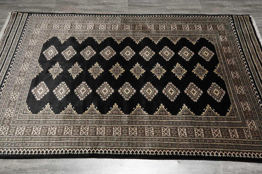 4 x 6 Black Hand-Knotted Imported Bokhara Jaldar Rug Wool Silk Touch #B-75621